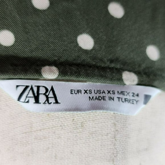 Zara Olive Green And Cream Polka Dot Short Puff Sleeve Midi Dress Size XS - Picture 9 of 15